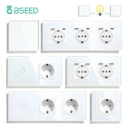 BSEED 1/2/3Gang Touch Licht Schalter Glas Panel 2Way Wand Schalter Led Ändern Schalter Blaue Hintergrundbeleuchtung EU Steckdosen USBC Port.