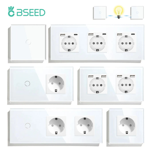 BSEED 1/2/3Gang Touch Licht Schalter Glas Panel 2Way Wand Schalter Led Ändern Schalter Blaue Hintergrundbeleuchtung EU Steckdosen USBC Port.