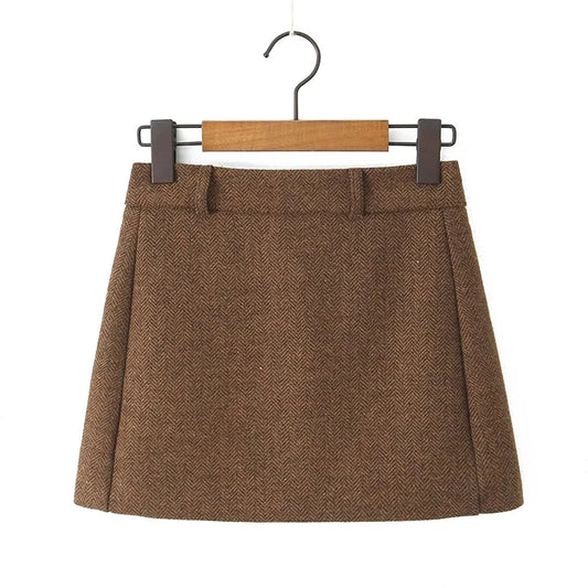 YENKYE Women Vintage High Waist Woolen A-line Mini Skirt Elegant Lady Office Wear Autumn Winter Skirts.
