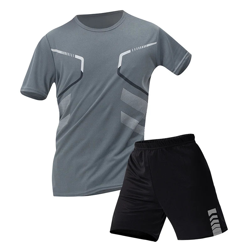 2-pcs Men's Quick-drying Exercise Black-and-white Suit Running Fitness Breathable Short Sleeve Comfortable Joker Playing Shorts.
