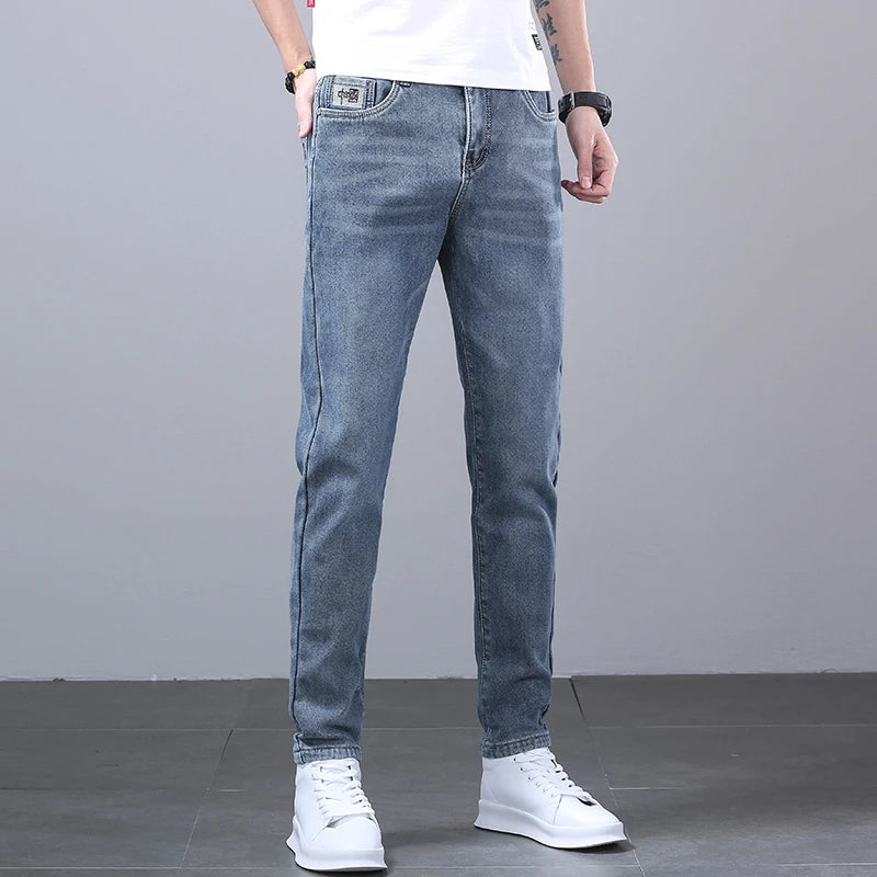 New Men's Four Seasons Business Jeans Fashionable Slim Fit Micro Elastic Straight Leg Long Pants.
