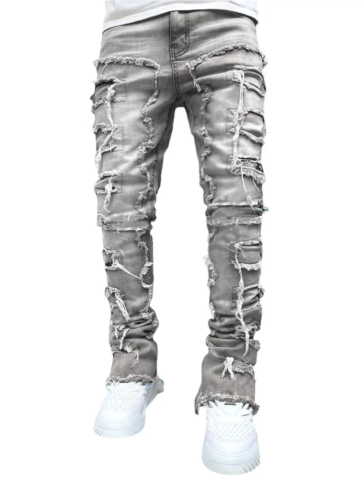 Men's Regular Fit Stacked Jeans Ripped Slim Fit Patch Distressed Destroyed Straight Denim Pants Hip Hop Streetwear Trouser Cloth.