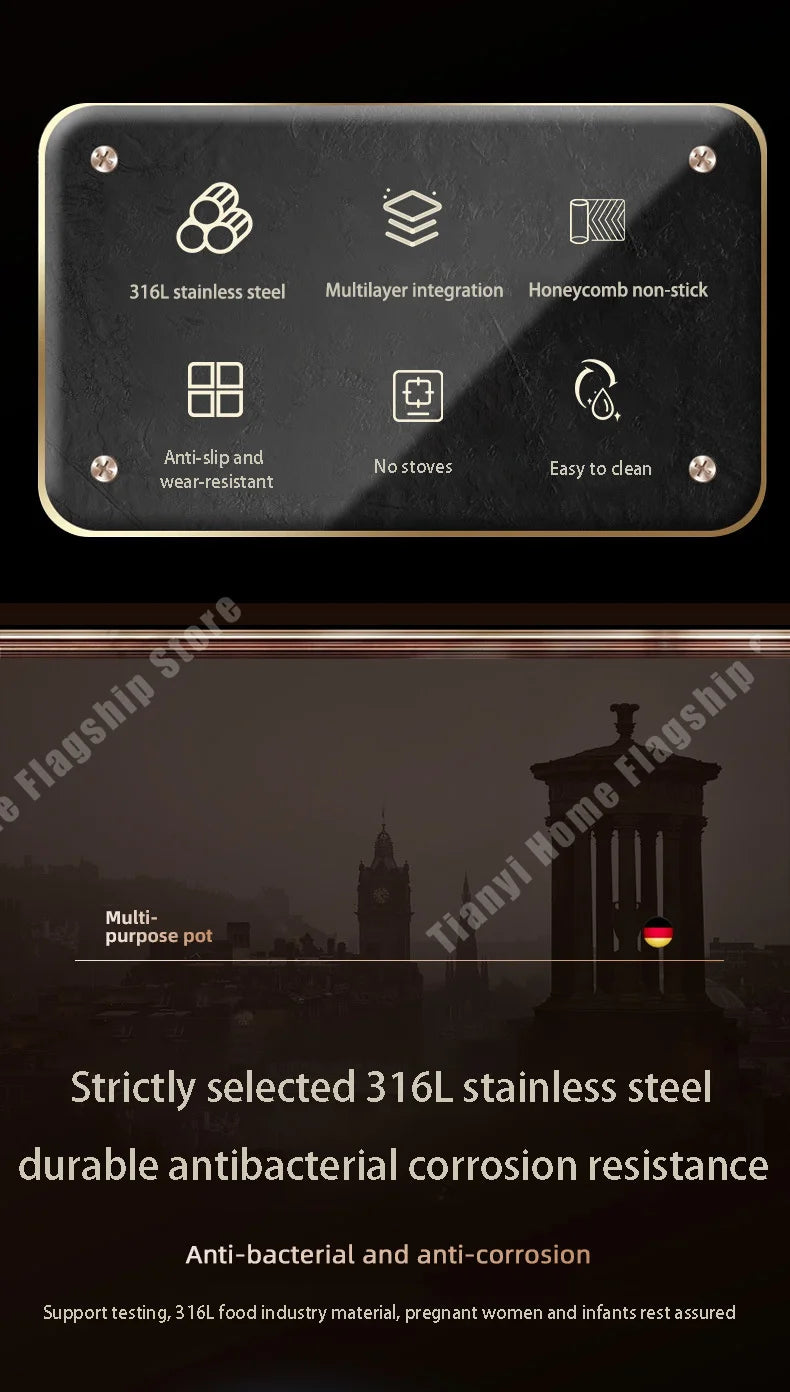 316 Stainless Steel Frying Pan Wok Non-stick Cooking Honeycomb Steak Gas Stove Pot Induction General Saucepan Kitchen Cookware.