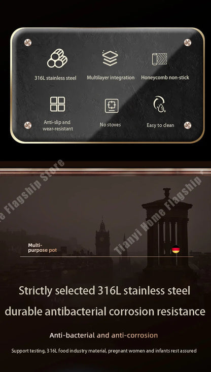 316 Stainless Steel Frying Pan Wok Non-stick Cooking Honeycomb Steak Gas Stove Pot Induction General Saucepan Kitchen Cookware.