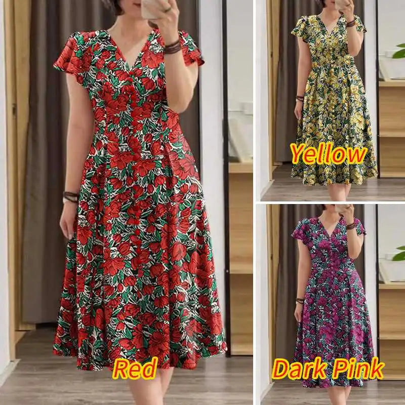 ZANZEA Elegante Frauen Floral Print Midi Kleid Sommer 2025, Casual Rüschen Kurzarm V-ausschnitt Vestidos Mode Cinched Taille Roben