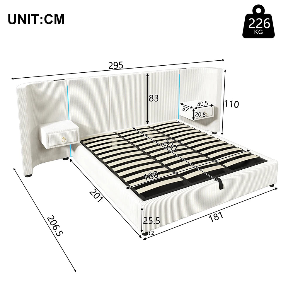 KOMHTOM Polsterbett 180x200cm, Samt mit, LED-Leiste, hydraulischem Stauraum, 2 Schubladen und USB+TYPE-C Anschluss