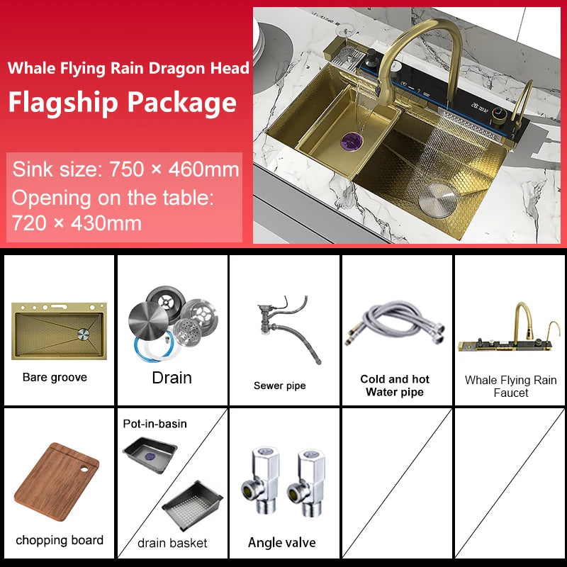 Stainless Steel Waterfall Kitchen Sink New Embossed Extra Large Single Slot Modern Digital Display Dishwashing Basin