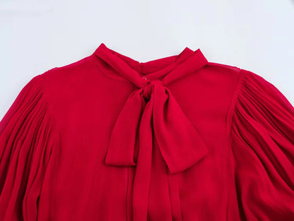 DEEABAE Bow Ribbon Red Chiffon Shirt Women's Early Spring New French Style High-end Temperament Age-reducing Top.
