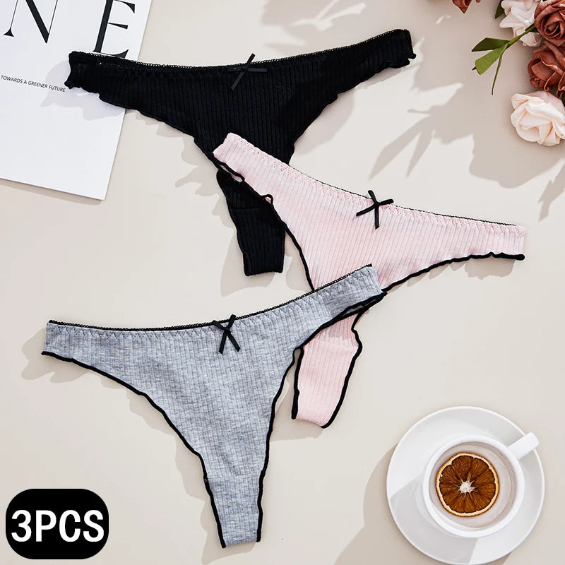 3Pcs Women's Thong Low-rise Panties Solid Color Cotton Lingerie Sexy Thongs Fashion Casual Underwear Comfort Fit Women's Tangas.