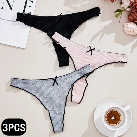 3Pcs Women's Thong Low-rise Panties Solid Color Cotton Lingerie Sexy Thongs Fashion Casual Underwear Comfort Fit Women's Tangas.