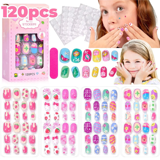 120Pcs Children's Press on Nails Kids Cartoon Acrylic Fake Nails Tips Kawaii Girl Full Cover Short False Nails With Jelly Glue#@.