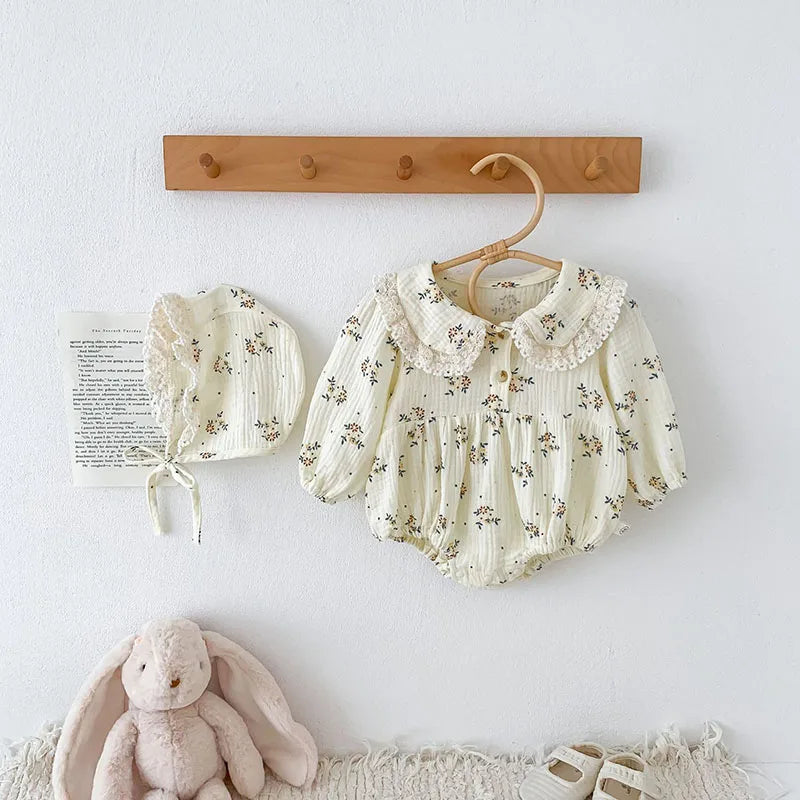 2023 frühjahr Neue Baby Kleidung Floral Body für Kleinkind Mädchen Kleinkind Peter Pan Kragen Langarm Ein Stück mit Hut 0-2 Y.