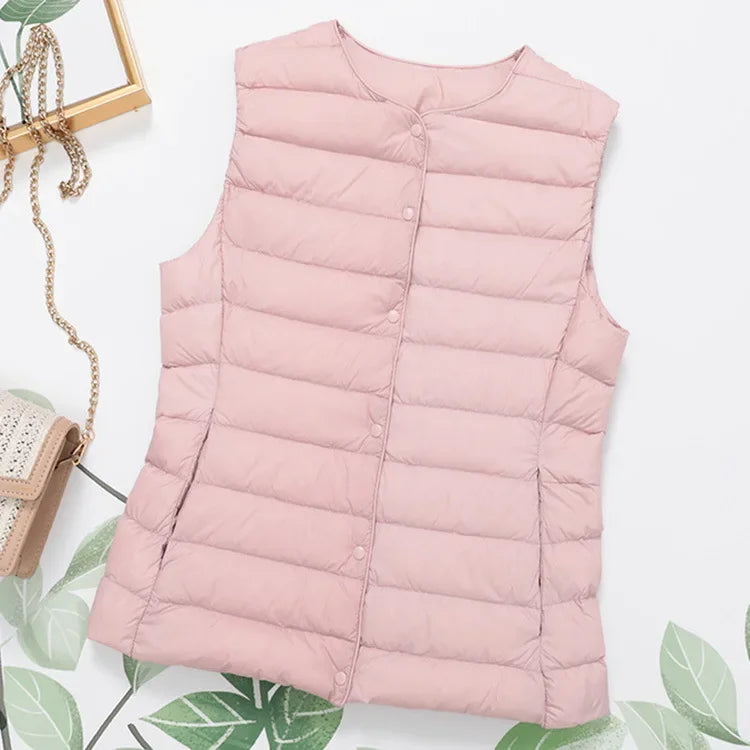 2023 Neuankömmlinge Herbst Winter warme Frauen ärmellose Daunen futter Taillen mantel weibliche ultraleichte weiße Enten Daunen weste Jacken