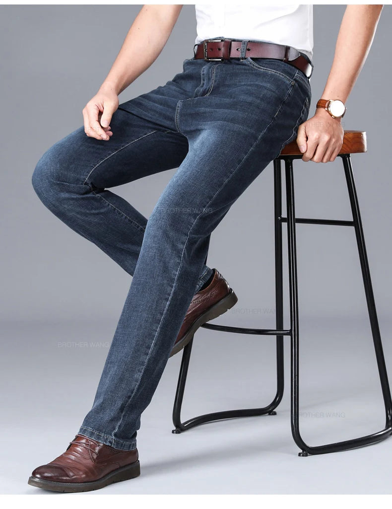 Brand Men's Fashion Summer Thin Jeans Comfortable Stretch Cotton Business Straight Casual Denim Pants Light Gray Blue Pants.