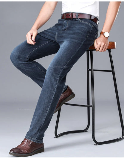 Brand Men's Fashion Summer Thin Jeans Comfortable Stretch Cotton Business Straight Casual Denim Pants Light Gray Blue Pants.