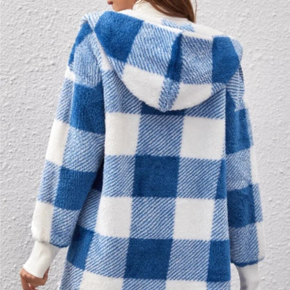 Frauen Herbst Winter Doppel Fleece Plaid Strickjacke Weiche Lose Lange Hülse Plüsch Warme Mit Kapuze Jacke Weibliche Patchwork Oberbekleidung Mantel