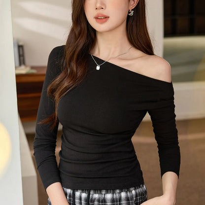 One Shoulder Gathered Waist Long Sleeve T-Shirt Women's Autumn Sexy Top.