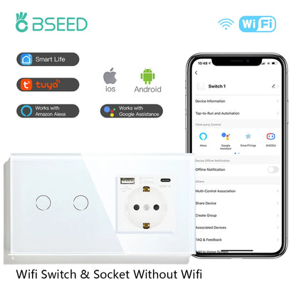 BSEED Wifi Touch Schalter Wand Licht Schalter Mit EU Buchse USB Typ-C Stecker Tuya Smart Leben Alexa Yandex App Steuerung Glas Panel