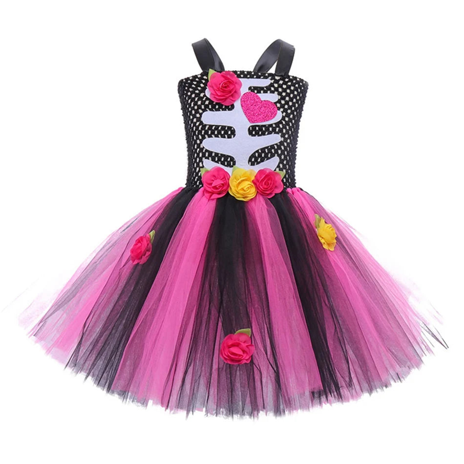 Halloween Kinder Kleid Cosplay Herz druck Skelett Kostüme Mädchen Blumen Schädel Tutu Kleidung Kinder Karneval Leistung Outfits