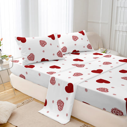 3pcs Valentine's Day Heart Print Bed Canopy Pillowcase Set Romantic Love Theme Red Heart Design Fitted Sheet Suitable for Girls.