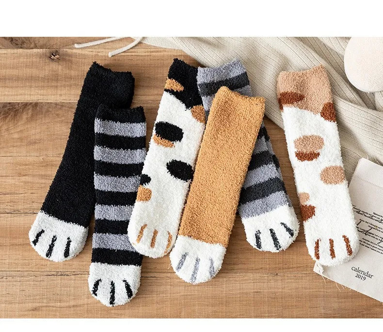 Women Socks Winter Warm Fluffy Socks Cute Animal Claw Cat Paw Footprint Fuzzy Socks Thicken Coral Fleece Home Floor Sleep Socks