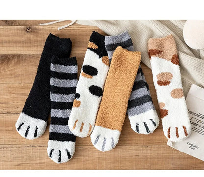 Women Socks Winter Warm Fluffy Socks Cute Animal Claw Cat Paw Footprint Fuzzy Socks Thicken Coral Fleece Home Floor Sleep Socks