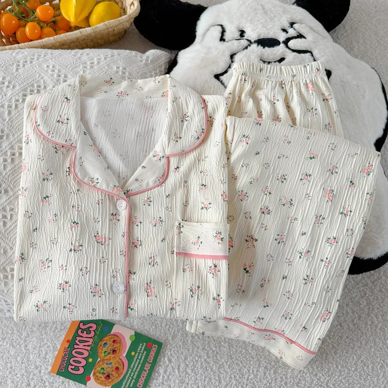 Sweet Little Floral Pajamas Women's Spring and Autumn Long Sleeves New High-Value Niche Pajamas Loungewear Wrinkle Cloth Set.