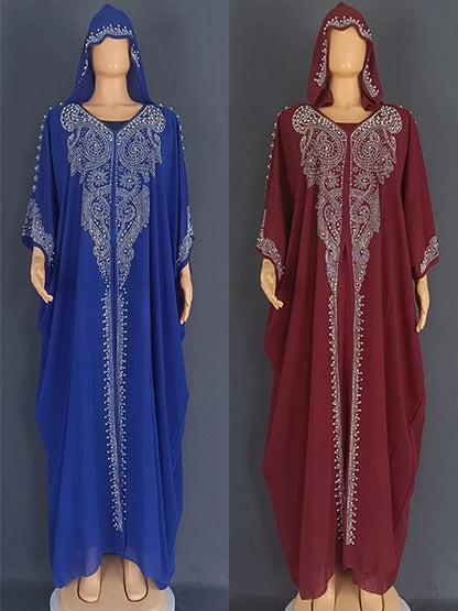 Eid Muslim Dress for Women Hooded Abaya 2 Piece Set Diamond Jalabiya Morocco Party Dresses Dubai Abayas Kaftan Vestido Long Robe.