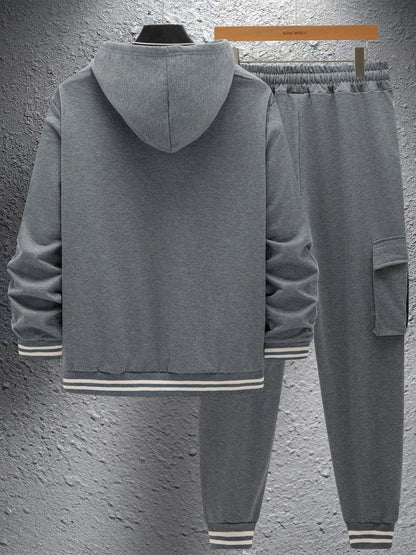 New autumn and winter men's large twill hooded baseball jacket and hoodie open cardigan long-sleeved work pants set.