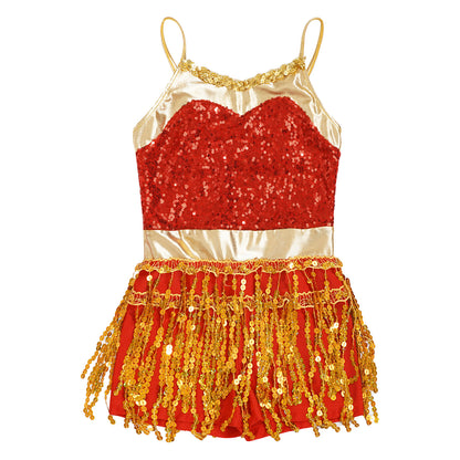 Kinder Mädchen Latin Tanz Kostüm Jazz Samba Cha-Cha Eiskunstlauf Trikot Kleid glänzende Pailletten Quaste Bodysuit für Bühnen performance