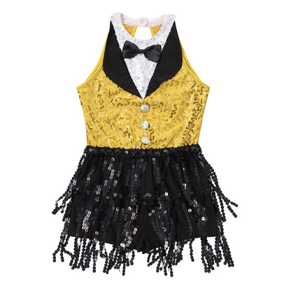 Kind Mädchen Ärmellose Glänzende Pailletten Quaste Boyshorts Kleid Latin Jazz Dance Cha-cha Samba Bühne Leistung Kostüm Dancewear