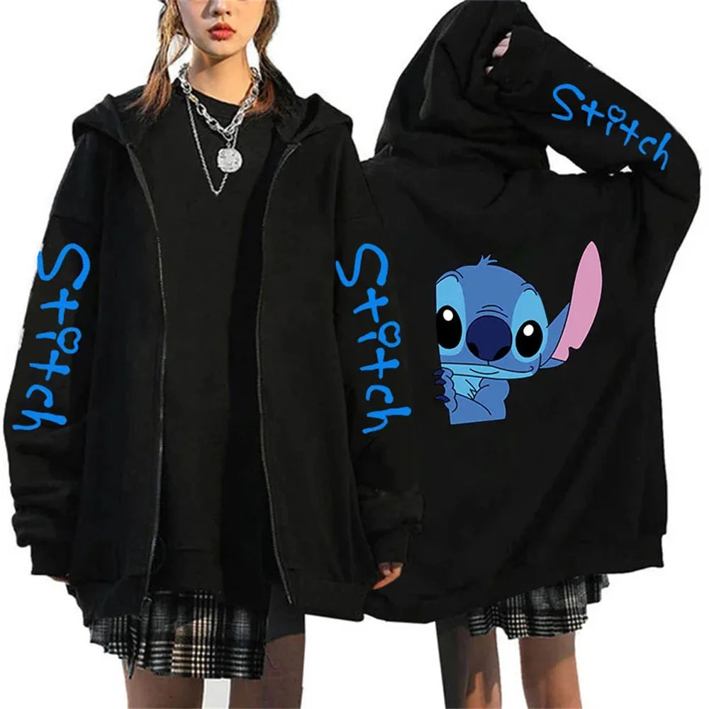 Men's and women's Lilo Stitch hooded jackets, Bonita Harajuku anime, cartoon Gothic streetwear, women's zippered sweaters.