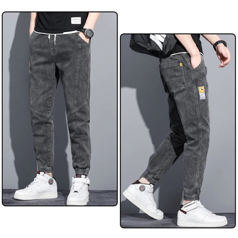 Men Jeans Elastic Tie Up Harem Denim Pants Male Bound Feet Designer Cargo Joggers Denim Trousers Daily Narrow Leg Casual Jeans.