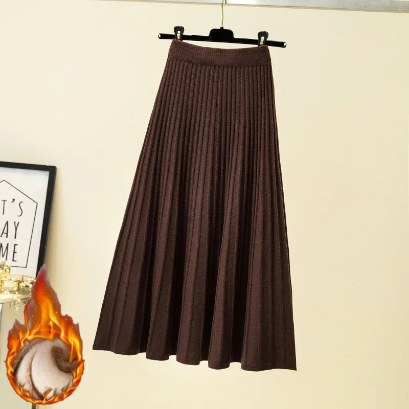 2025 Brand Designer Women Autumn Winter Thick Elegant Chic Solid Pleated Skirt High Waist Luxury Fashion With Elastic Female.