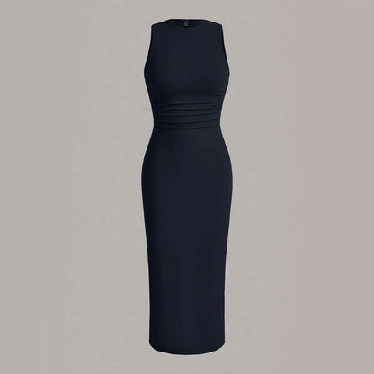 Mia Muse Damenkleider für alle Jahreszeiten, minimalistisch, schlicht, ärmellos, Rundhalsausschnitt, Wickel-MIDI-Partykleider
