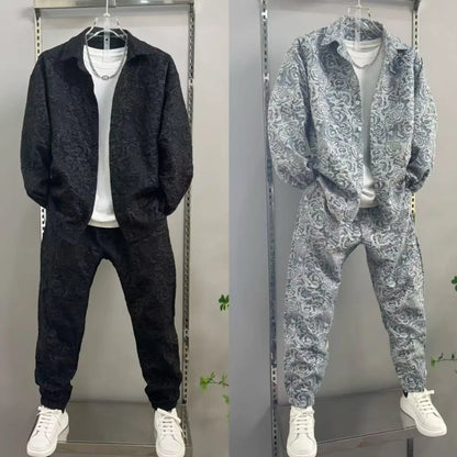 New Spring and Autumn Men's Casual Suit Lapel Jacquard Shirt Trousers Two-piece Set Comfortable Loose