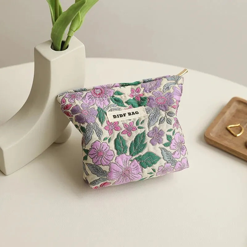 Women's Makeup Bag Small Vintage Purple Flower Large Capacity Cosmetic Lipstick Storage Bag Portable Coin Purse Commuter Clutch.
