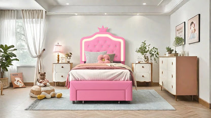Rosahqnda Kinderbett, gepolsterter Bettrahmen, Krone, Kopfteil, Schubladenschrank, verstellbare Kopfteil-Lederoberfläche