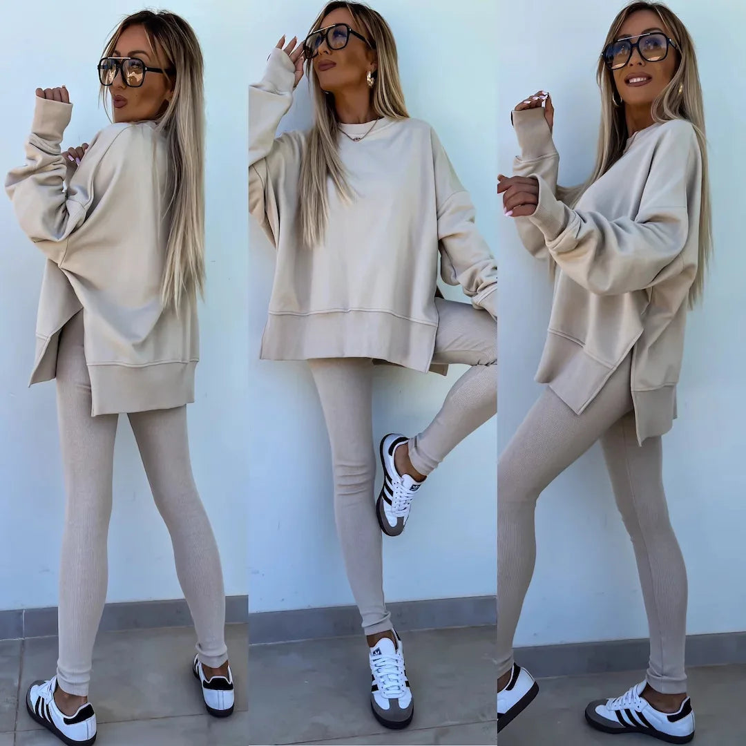 Women Pant Sets Two Pieces Tracksuit Solid Loose Sweatshirts Split Pullover Pencil Pants High Street Autumn Winter 2024.