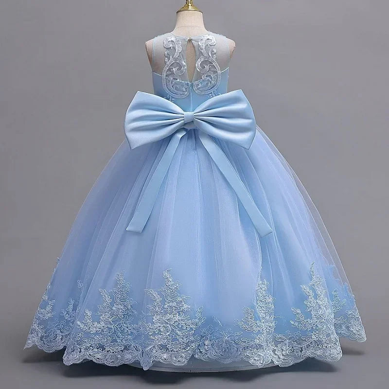 Gesticktes Mesh-Hochzeitskleid, Blumenmädchen-Performance-Mädchenkleid, 4–12 Jahre altes Mädchen-Prinzessinnenkleid mit großer Schleife.