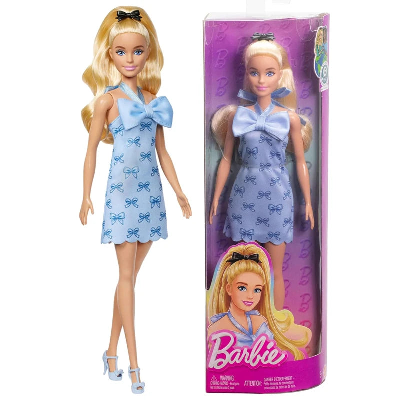 Origianl Barbie Fashionistas Doll 237 Toy Girl Wavy Blonde Ponytail Blue Bow Halter Dress Black Hair Bow Accessory Birthday Gift.