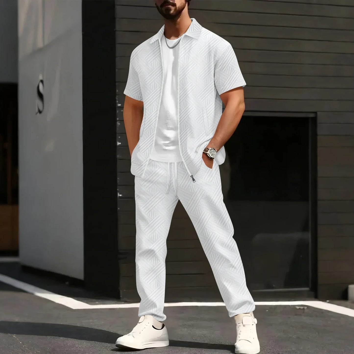 Men's Summer New Style Solid Color Knitted Short Sleeve Cardigan with Long Pants Casual Set Sporty Look from Mainland China