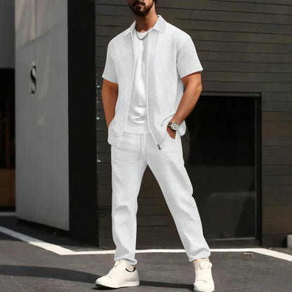 Men's Summer New Style Solid Color Knitted Short Sleeve Cardigan with Long Pants Casual Set Sporty Look from Mainland China