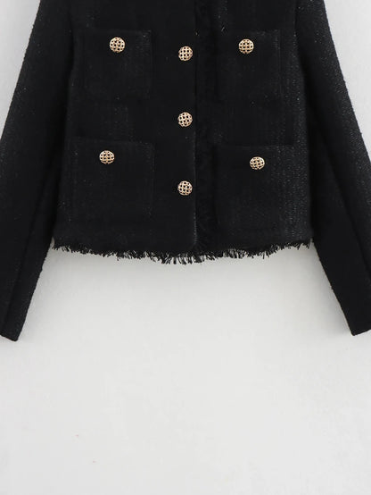 Women's Autumn and Winter Long Sleeve Short Jacket Fashion Solid Colour Front Pocket Button Jacket Elegant Casual Jacket