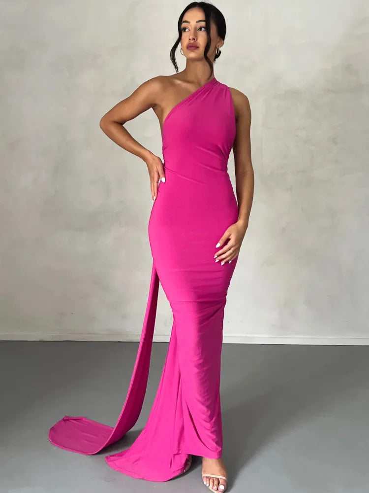 Mozision Schräge Schulter Backless Maxi Kleid Für Frauen Kleid Sommer Zurück Strap Ärmellose Geraffte Party Sexy Langes Kleid Vestidos.