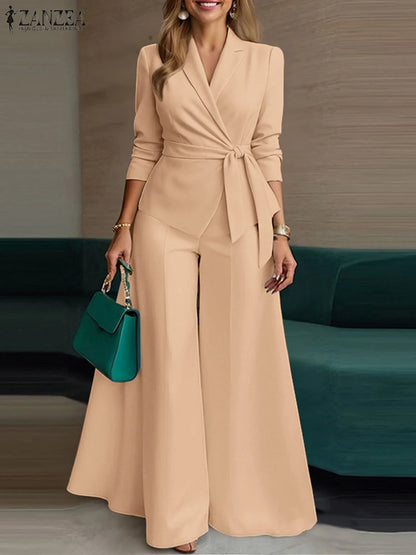 ZANZEA Elegant 2 Pieces Pant Sets Long Sleeve Belted Lightweight Blazer & Wide Leg Pant 2pcs Suits Office Lady Commuting Sets