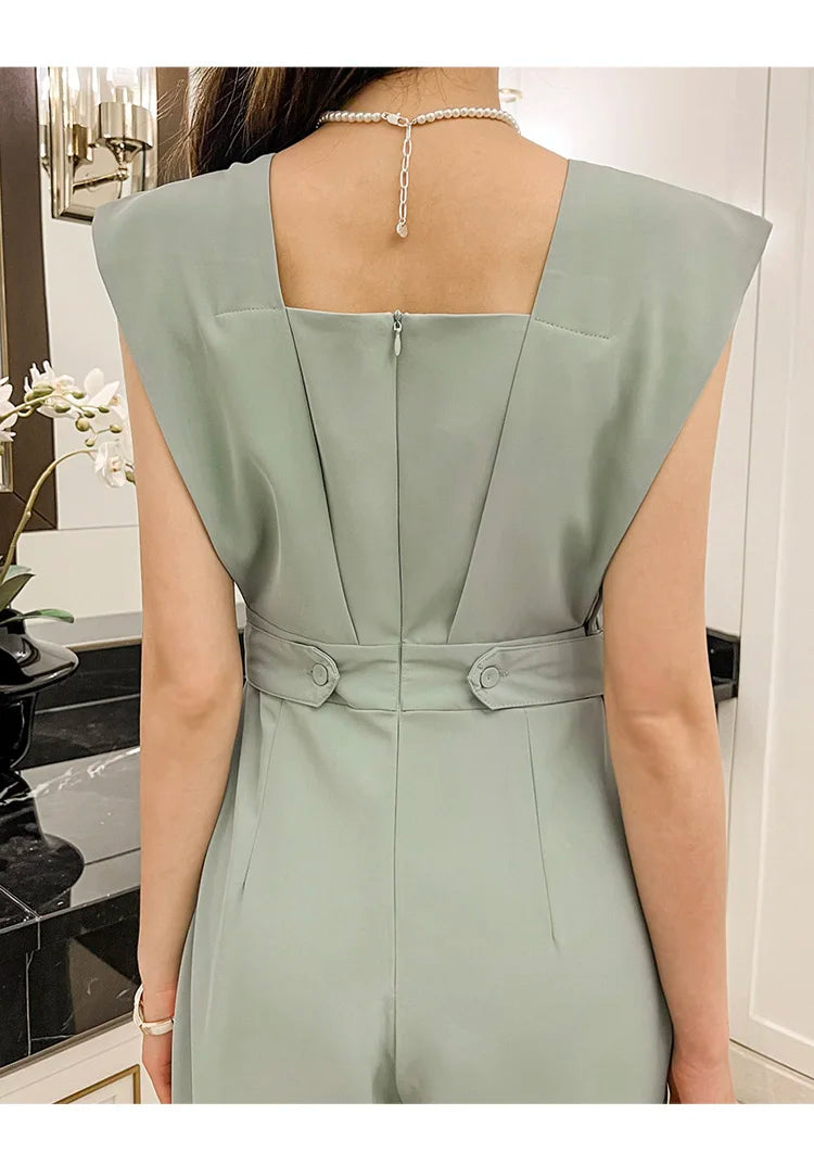 H Han Queen Summer Elegant Business Jumpsuits Women Simple Wide Leg Long Playsuits Korean Sleeveless Casual Rompers Office Lady