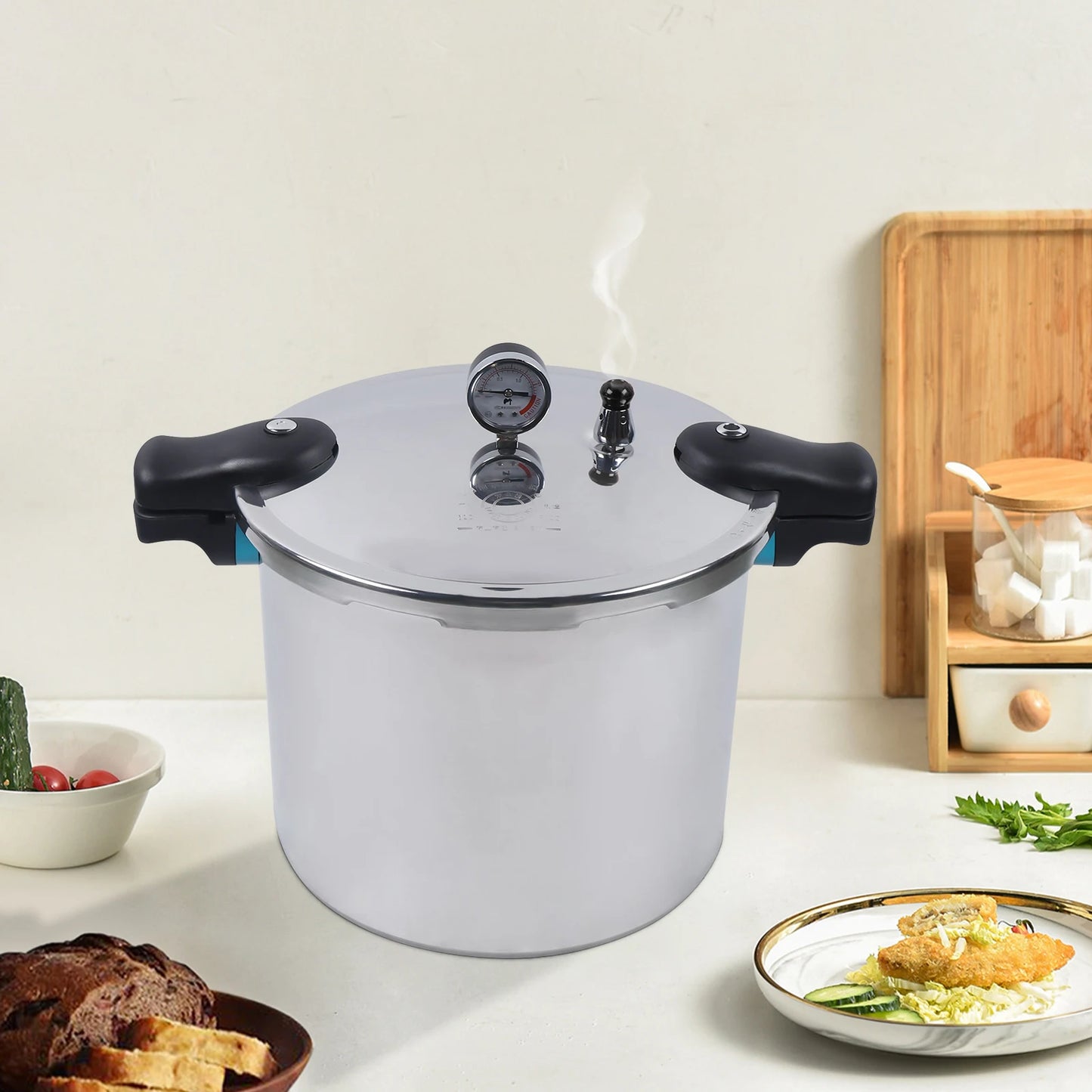 23qt Thick Explosion-Proof Pressure Cooker With Aluminum Pressure Gauge Release Valve.