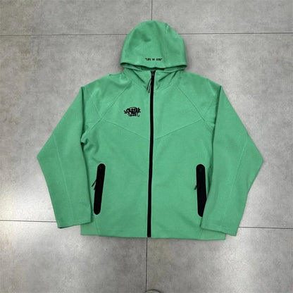 Casual Embroidered Fleece Lined Open Cardigan Hooded Zipper Pants Set for Men And Women Color Block Design by Syna