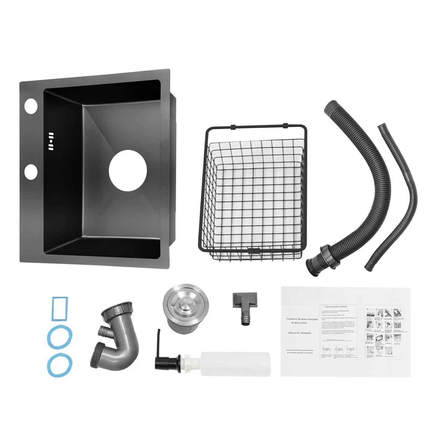 Küchenspüle, Schwarz, 45 x 40 cm, Küchenspüle, 1 Waschbecken, Edelstahl, quadratisch, moderne integrierte Spüle (ohne Wasserhahn)